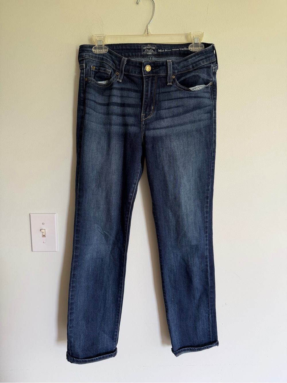 Levi’s Midrise Dark Blue Women's Slim Straight Cuffed Jeans Casual Denim Classic
